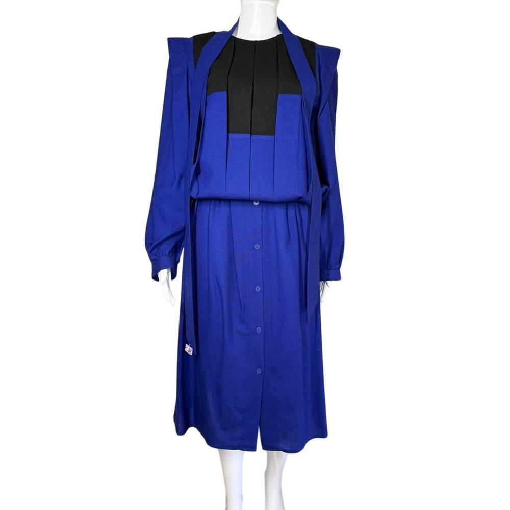 Joanie Char Vintage 80s Pleated 100% Wool 3 Piece Skirt Set Indigo Blue Small